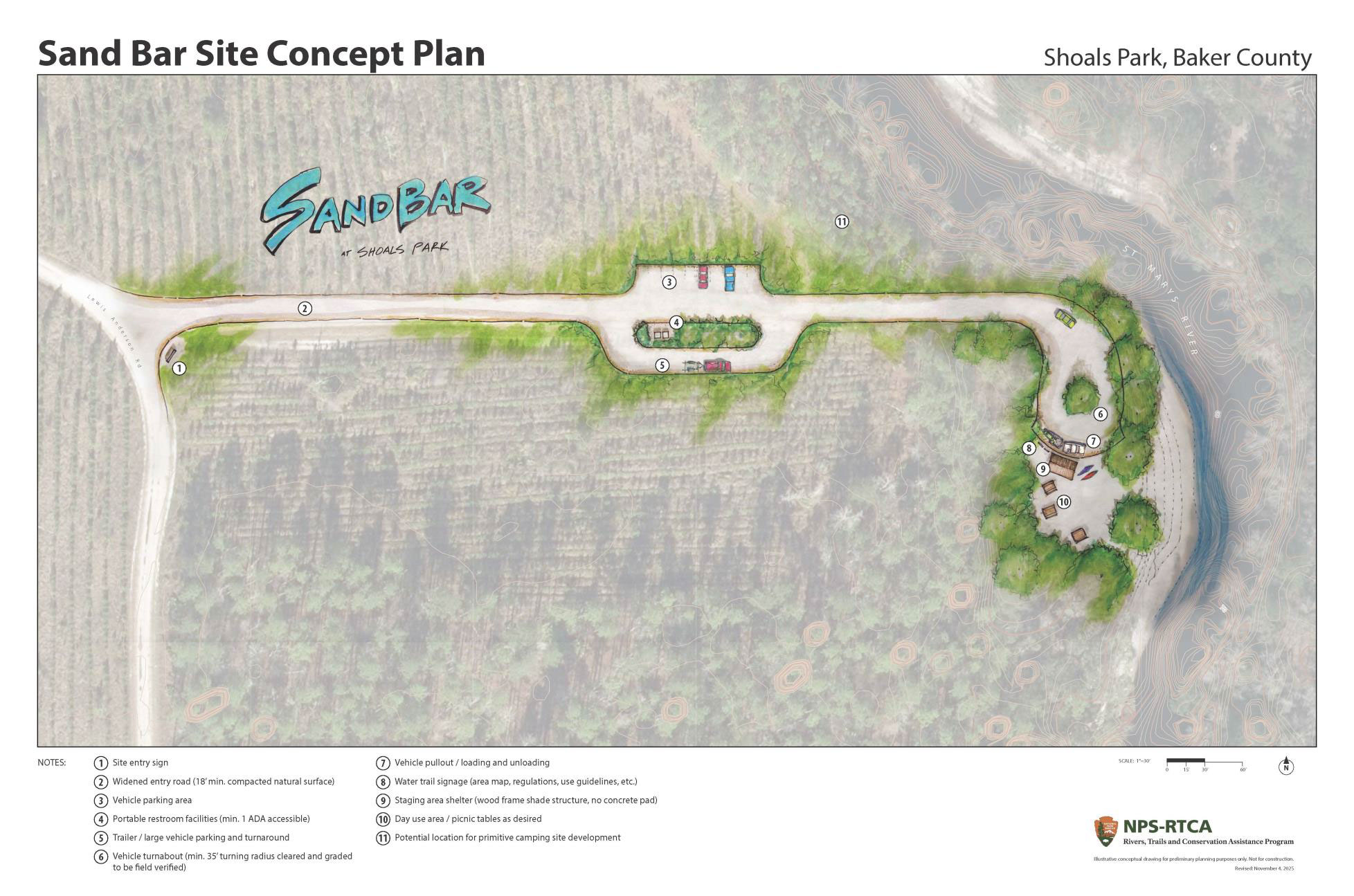 Access road and amenities for the Sandbar Kayak Launch