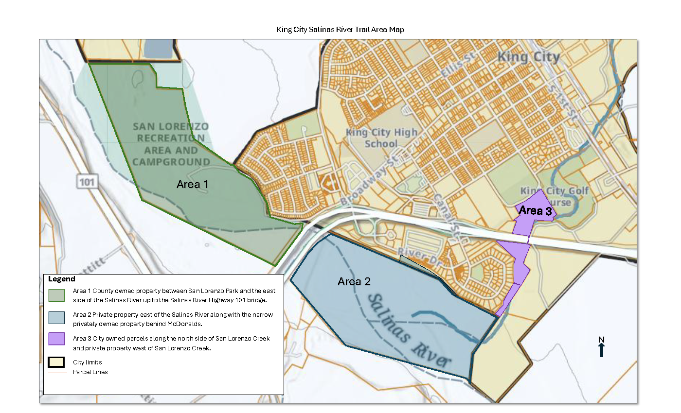 Map of the project area that includes King City, San Lorenzo Park, and the Salinas River.